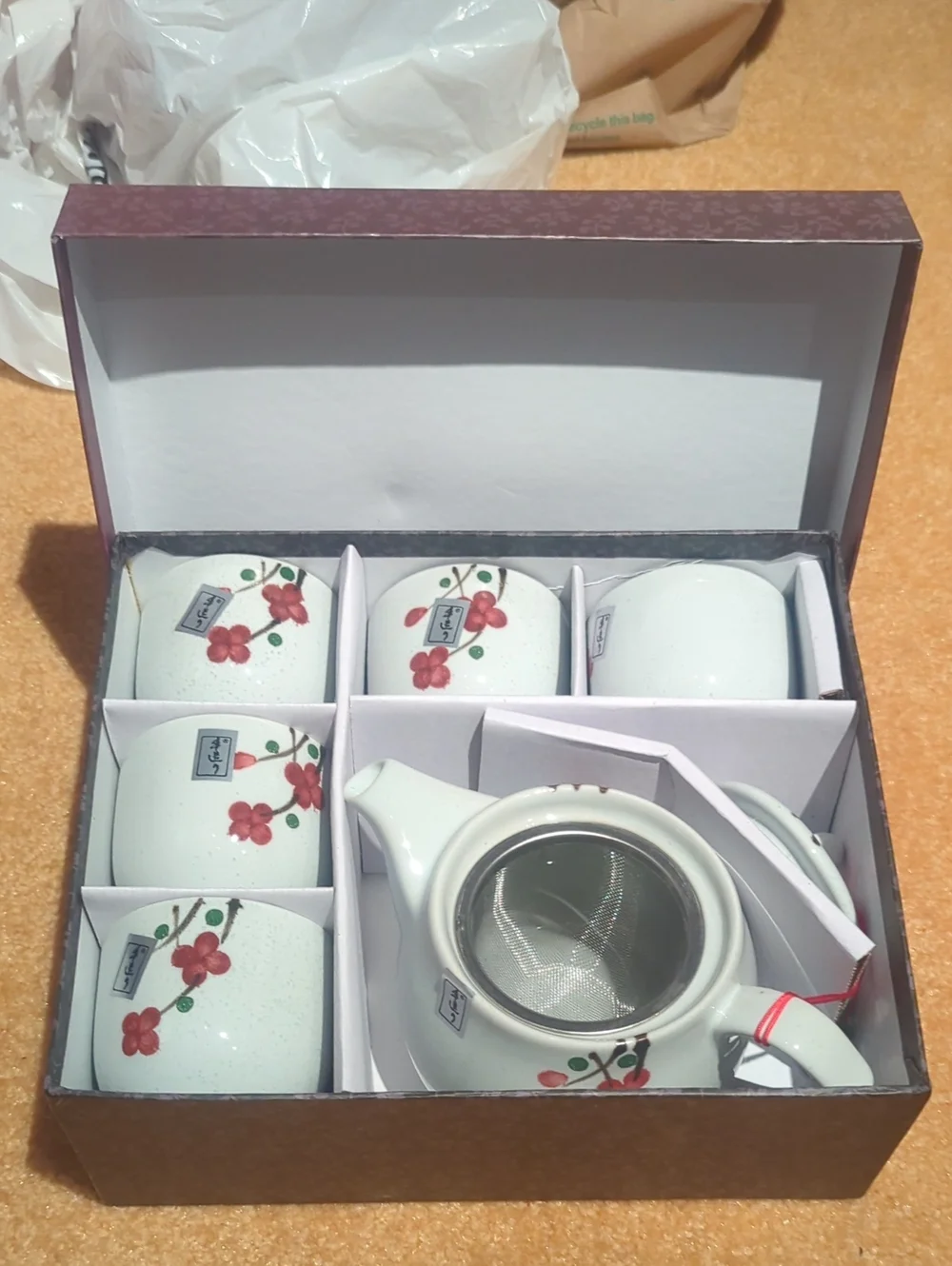 Ceramic White Teapot and Cup Set with Red Floral Accents